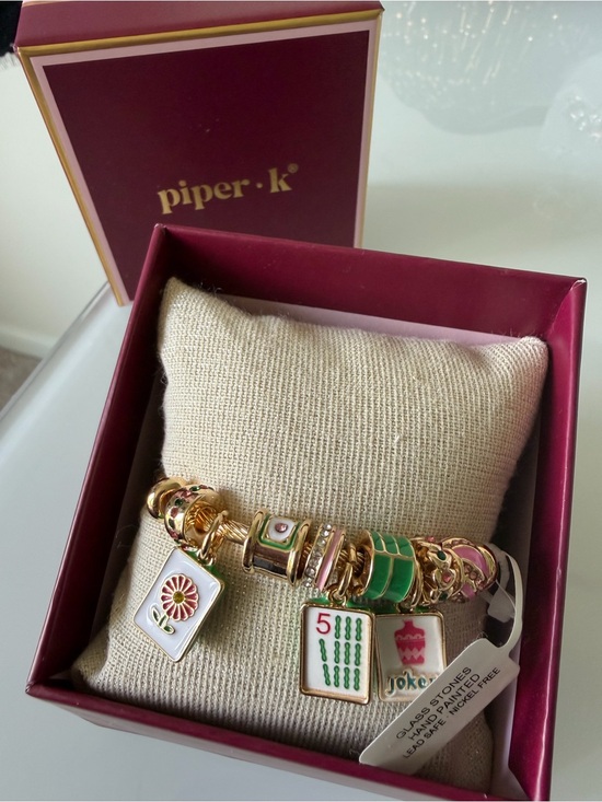 Piper K Jewelry - Viral Piper k Gold mahjong Charm Bangle with Pink, Green charms
